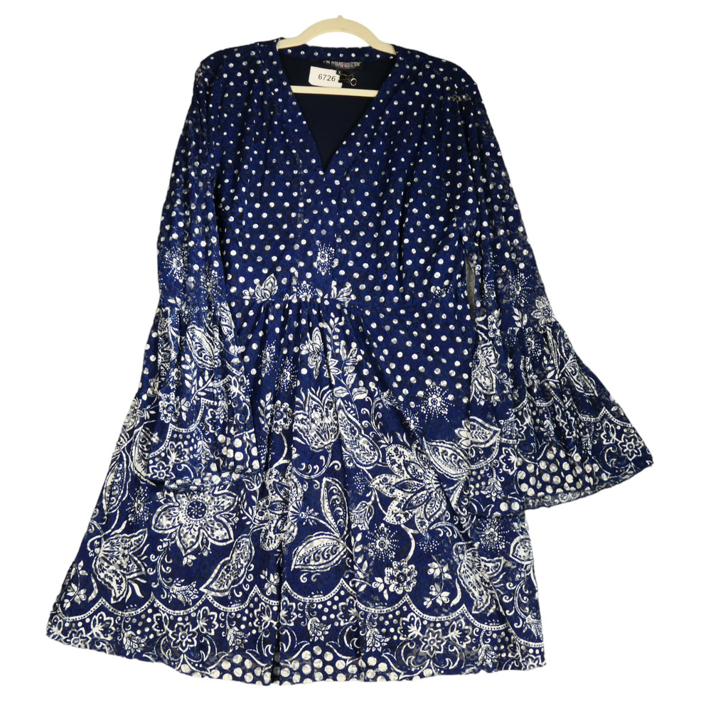 The Pyramid Collection Dress Women Size XL Blue Polka Dot Floral Lace Lined Boho